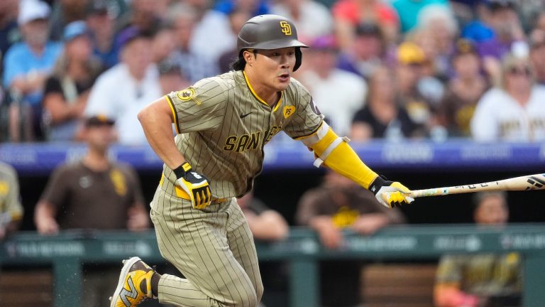 San Diego Padres' Ha-Seong Kim doubles off Colorado Rockies starting pitcher Kyle Freeland in the second inning of a baseball game Saturday, Aug. 17, 2024, in Denver. (AP/David Zalubowski)