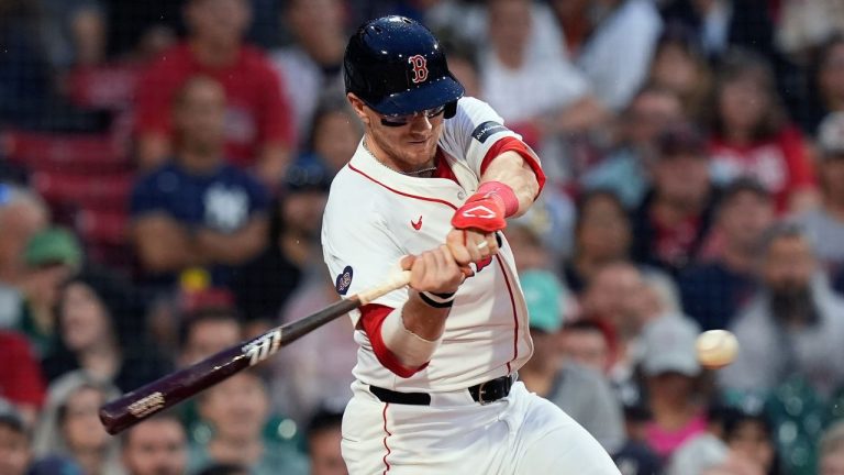 Boston Red Sox's Danny Jansen hits a single during the third inning of a baseball game against the New York Yankees, Sunday, July 28, 2024, in Boston. (Michael Dwyer/AP Photo)