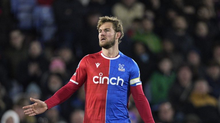 Crystal Palace's Joachim Andersen reacts during the English Premier League soccer match between Crystal Palace and Chelsea, at Selhurst Park Stadium in London, Monday, Feb. 12, 2024. (AP/Dave Shopland)