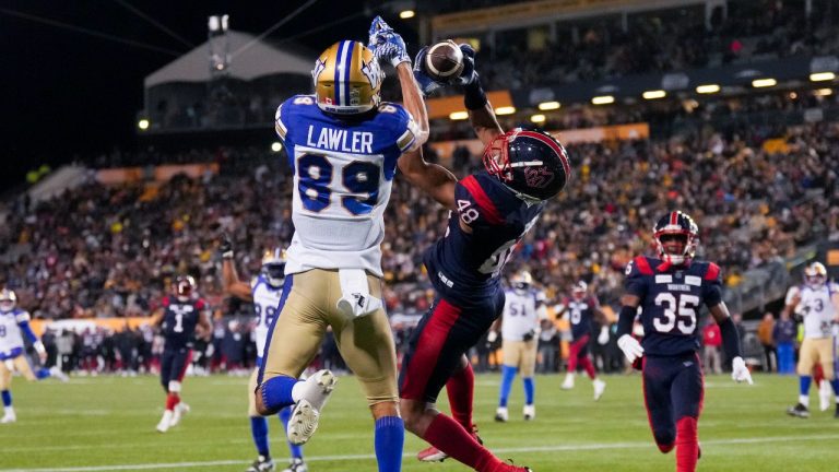Montreal Alouettes defensive back Kabion Ento (48) intercepts the ball in front of Winnipeg Blue Bombers wide receiver Kenny Lawler (89) during the second half of football action at the 110th CFL Grey Cup in Hamilton, Ont., on Sunday, November 19, 2023. (CP/Chris Young)