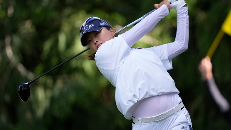 Jin Young Ko, of South Korea, watches her shot after hitting from the fourth tee during the final round of the Women's PGA Championship golf tournament at Sahalee Country Club, Sunday, June 23, 2024, in Sammamish, Wash. (Gerald Herbert/AP Photo)