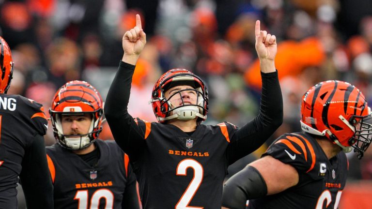 Cincinnati Bengals place kicker Evan McPherson celebrates a field goal against the Cleveland Browns during the first half of an NFL football game in Cincinnati, Sunday, Jan. 7, 2024. (Jeff Dean/AP Photo)