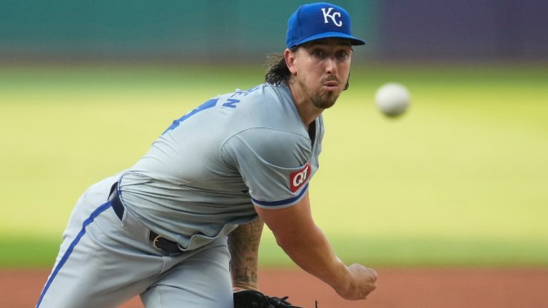 Kansas City Royals' Michael Lorenzen pitches in the first inning of a baseball game against the Cleveland Guardians Tuesday, Aug. 27, 2024, in Cleveland. (Sue Ogrocki/AP)