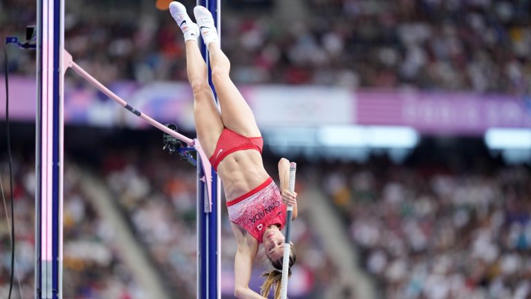 Alysha Newman, of Canada, competes in the women's pole vault final at the 2024 Summer Olympics on Wednesday, Aug. 7, 2024, in Saint-Denis, France. (Christinne Muschi/AP)