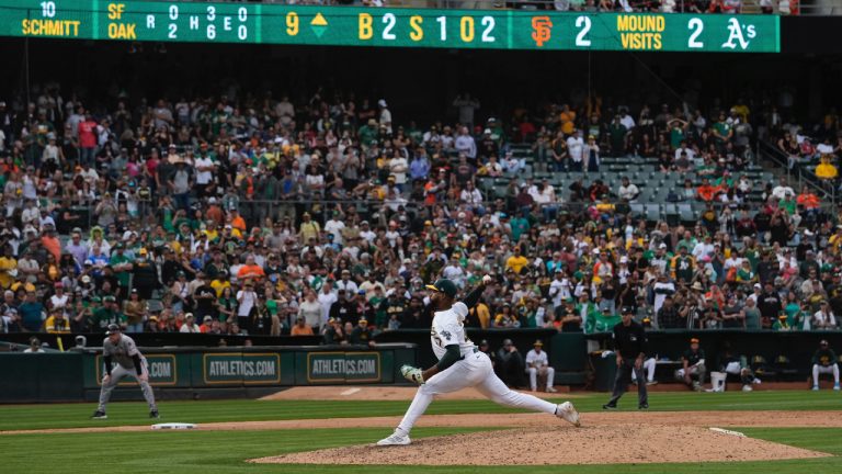 Oakland Athletics' Michel Otañez pitches to a San Francisco Giants batter during the ninth inning of a baseball game Saturday, Aug. 17, 2024, in Oakland, Calif. (Godofredo A. Vásquez/AP)