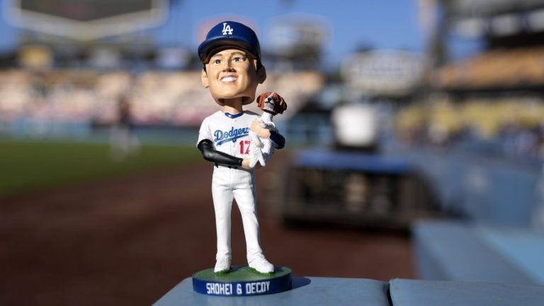The bobblehead for Los Angeles Dodgers designated hitter Shohei Ohtani is seen prior to a baseball game between the Dodgers and the Baltimore Orioles Thursday, Aug. 29, 2024, in Los Angeles. (Mark J. Terrill/AP)
