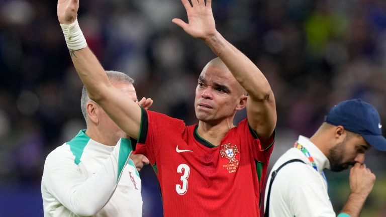 Portugal's Pepe cries after losing a quarter final match between Portugal and France at the Euro 2024 soccer tournament in Hamburg, Germany, Friday, July 5, 2024. France won a penalty shoot out 4-3 after the match ended in a 0-0 draw. (AP/Martin Meissner)