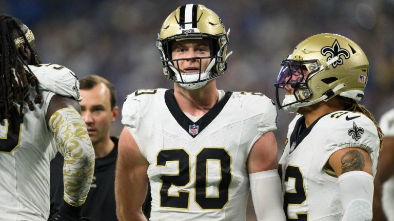 New Orleans Saints linebacker Pete Werner (20) looks to the sidelines during an NFL football game against the Indianapolis Colts, Sunday, Oct. 29, 2023, in Indianapolis. (AP/Zach Bolinger)