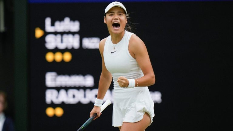 Emma Raducanu of Britain reacts after winning the second set against Lulu Sun of New Zealand during their fourth round match at the Wimbledon tennis championships in London, Sunday, July 7, 2024. (Alberto Pezzali/AP Photo)
