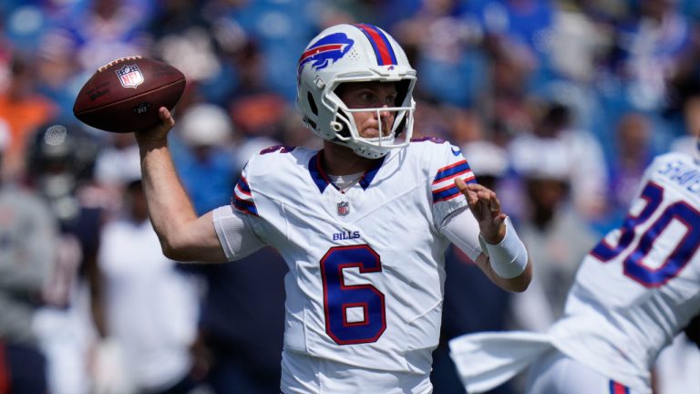 Buffalo Bills quarterback Shane Buechele throws during the second half of an preseason NFL football game against the Chicago Bears, Saturday, Aug. 10, 2024, in Orchard Park, NY. (Seth Wenig/AP)