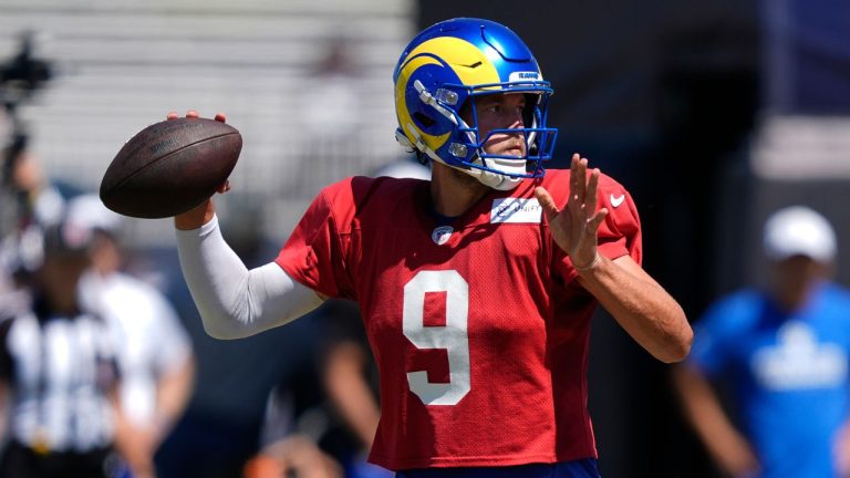 Los Angeles Rams quarterback Matthew Stafford throws during a joint NFL football practice with the Dallas Cowboys, Wednesday, Aug. 14, 2024, in Oxnard, Calif. (Ryan Sun/AP Photo)