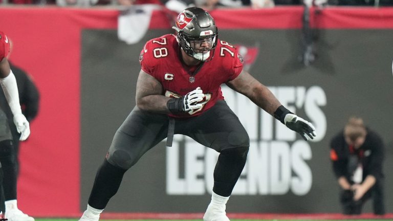FILE - Tampa Bay Buccaneers offensive tackle Tristan Wirfs (78) prepares to make a block during an NFL wild-card playoff football game against the Philadelphia Eagles, Monday, Jan. 15, 2024 in Tampa, Fla. (Peter Joneleit/AP)