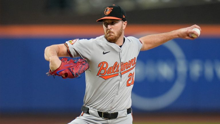 Baltimore Orioles pitcher Trevor Rogers throws during the first inning of a baseball game against the New York Mets at Citi Field, Monday, Aug. 19, 2024, in New York. (AP/Seth Wenig)