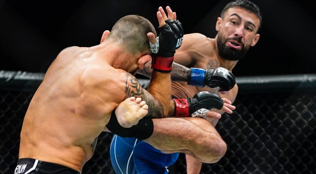Chris-Gutierrez-kicks-Frankie-Edgar-at-UFC-281.-Gutierrez-stopped-Edgar-in-the-first-round