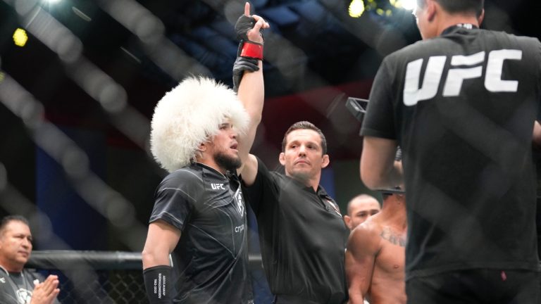 Umar Nurmagomedov reacts to winning a fight in the UFC bantamweight division. (Louis Grasse/PxImages/ABACAPRESS.COM)