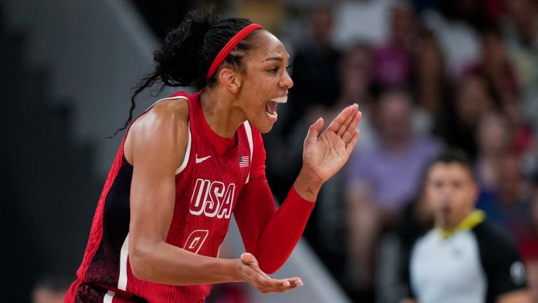 A'ja Wilson (9), of the United States, celebrates. (Mark J. Terrill/AP)