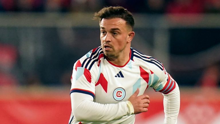 Chicago Fire midfielder Xherdan Shaqiri (10) runs during an MLS soccer match against the New York Red Bulls, Saturday, April 13, 2024 in Harrison, N.J. (AP/Vera Nieuwenhuis, File)