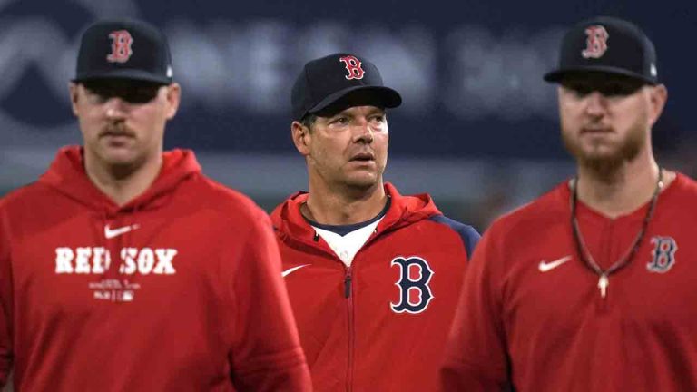 Boston Red Sox pitcher Rich Hill, centre, walks from the bullpen after a baseball game against the Toronto Blue Jays at Fenway Park, Tuesday, Aug. 27, 2024, in Boston. (Charles Krupa/AP)