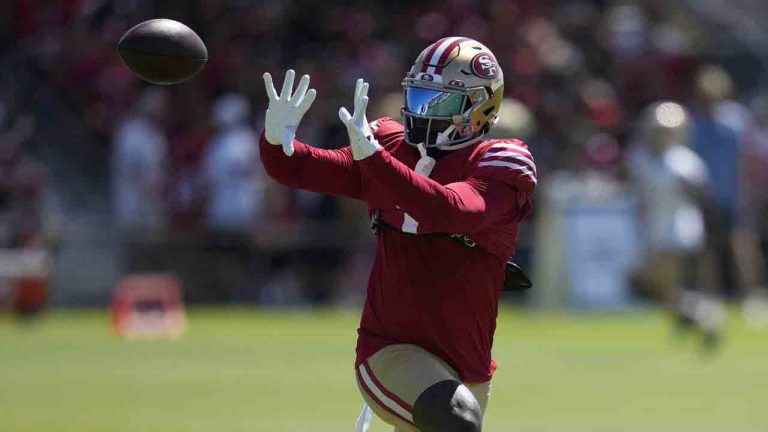 San Francisco 49ers wide receiver Deebo Samuel Sr. catches a pass during NFL football training camp in Santa Clara, Calif., Wednesday, July 31, 2024. (Jeff Chiu/AP)