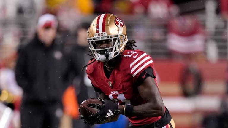San Francisco 49ers wide receiver Brandon Aiyuk against the Green Bay Packers during an NFL football NFC divisional playoff game, Saturday, Jan. 20, 2024, in Santa Clara, Calif. (Godofredo A. Vásquez/AP)