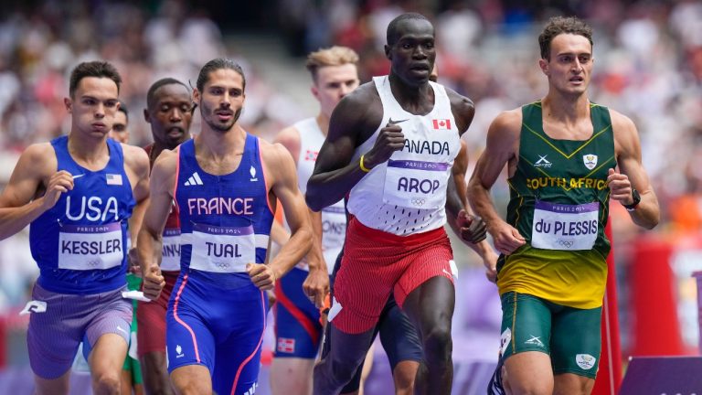 Marco Arop, of Canada, wins a men's 800-meter semifinal at the 2024 Summer Olympics, Friday, Aug. 9, 2024, in Saint-Denis, France. (Petr David Josek/AP Photo)