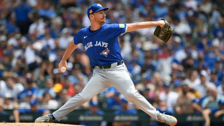 Toronto Blue Jays starter Chris Bassitt delivers a pitch during the first inning of a baseball game against the Chicago Cubs in Chicago, Saturday, Aug. 17, 2024. (Paul Beaty/AP)