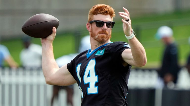 Carolina Panthers quarterback Andy Dalton (14) looks to pass during the NFL football team's training camp in Charlotte, N.C., Saturday, Aug. 3, 2024. (Chuck Burton/AP)