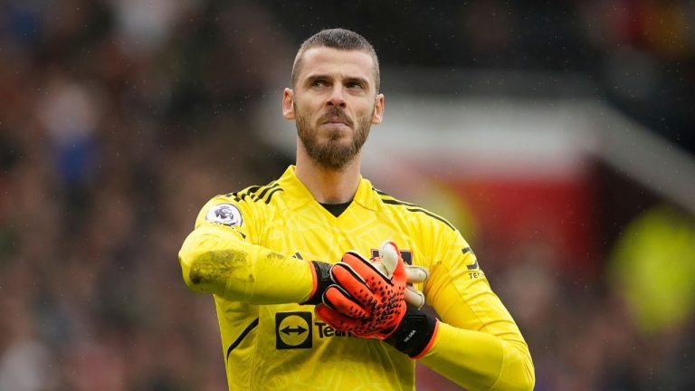 Manchester United's goalkeeper David de Gea stands on the pitch during the English Premier League soccer match between Manchester United and Aston Villa at the Old Trafford stadium in Manchester, England, Sunday, April 30, 2023. (Dave Thompson/AP Photo)