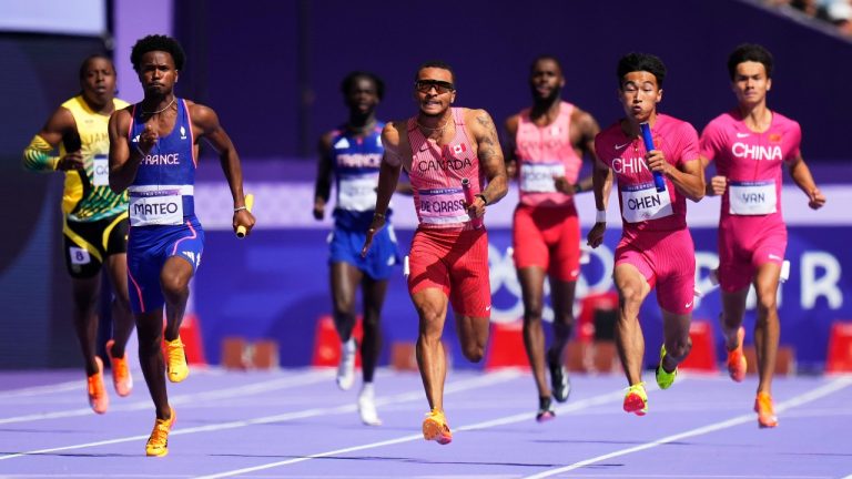 Runners from China, right, Canada and France race in the final leg of the men's 4x100-metre relay heat at the 2024 Summer Olympics, Thursday, Aug. 8, 2024, in Saint-Denis, France. (Petr David Josek/AP Photo)