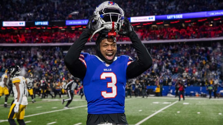FILE - Buffalo Bills safety Damar Hamlin (3) reacts after an NFL wild-card playoff football game, Monday, Jan. 15, 2024, in Orchard Park, NY. (Matt Durisko/AP)
