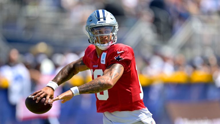Dallas Cowboys quarterback Trey Lance participates in drills during NFL football training camp Wednesday, July 31, 2024, in Oxnard, Calif. (Jayne Kamin-Oncea/AP)