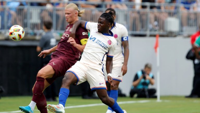 Manchester City's Erling Haaland battles for control of the ball with Chelsea's Romeo Lavia during the FC Series soccer match, Saturday, Aug. 3, 2024, in Columbus, Ohio. (Tom E. Puskar/AP)