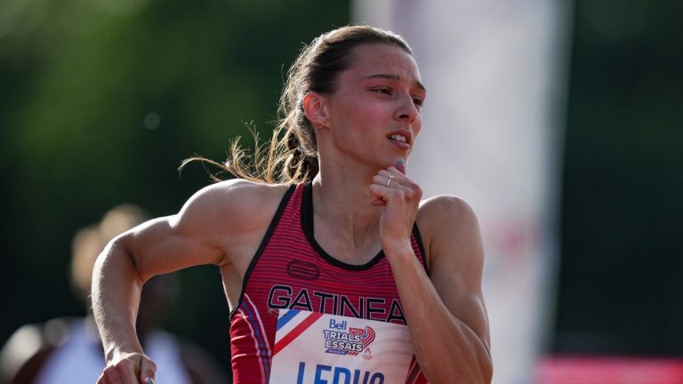 Audrey Leduc wins her heat as she competes in the 100m semifinal at the Canadian Track and Field Olympic trials in Montreal, Friday, June 28, 2024. (Christinne Muschi/THE CANADIAN PRESS)