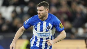 James Milner of Brighton runs with the ball during the English Premier League soccer match between West Ham United and Brighton and Hove Albion, at The London Stadium in London, Tuesday, Jan. 2, 2024. (Dave Shopland/AP)