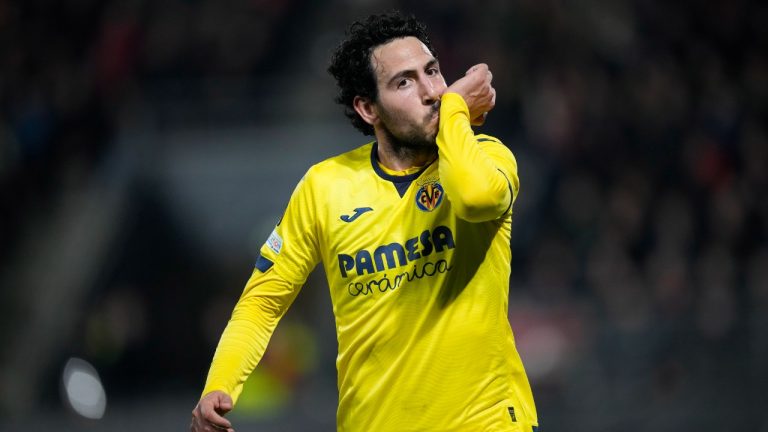 Villarreal's Dani Parejo celebrates after scoring during the Europa League Group F soccer match between Rennes and Villarreal at the Roazhon Park stadium in Rennes, western France, Thursday, Dec. 14, 2023. (Christophe Ena/AP)