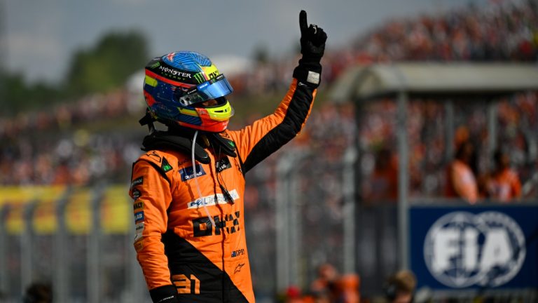 McLaren driver Oscar Piastri of Australia celebrates after winning the Hungarian Formula One Grand Prix race at the Hungaroring racetrack in Mogyorod, Hungary, Sunday, July 21, 2024. (Denes Erdos/AP)