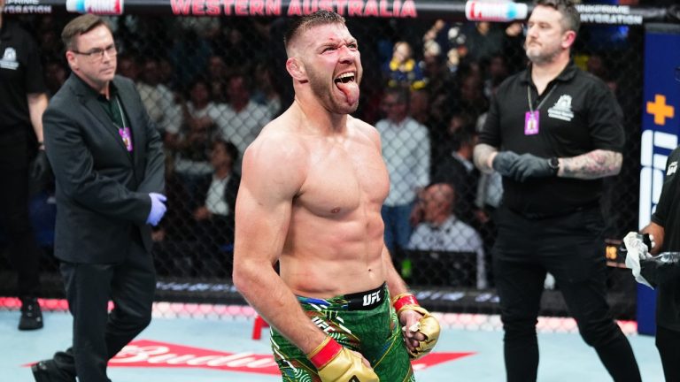Dricus Du Plessis of South Africa reacts after his submission victory against Israel Adesanya of Nigeria in the UFC middleweight championship fight during the UFC 305 event at RAC Arena on August 18, 2024 in Perth, Australia. (Jeff Bottari/Zuffa LLC)