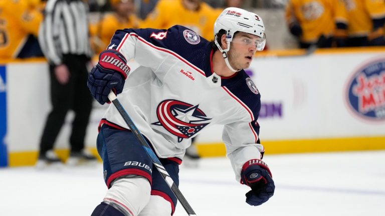 Columbus Blue Jackets' Cole Sillinger (4) plays against the Nashville Predators during the first period of an NHL hockey game Saturday, April 13, 2024, in Nashville, Tenn. (Mark Humphrey/AP)