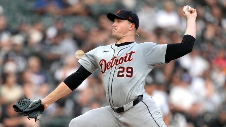 Detroit Tigers starting pitcher Tarik Skubal delivers during the first inning of a baseball game against the Chicago White Sox on Saturday, Aug. 24, 2024, in Chicago. (Charles Rex Arbogast/AP)