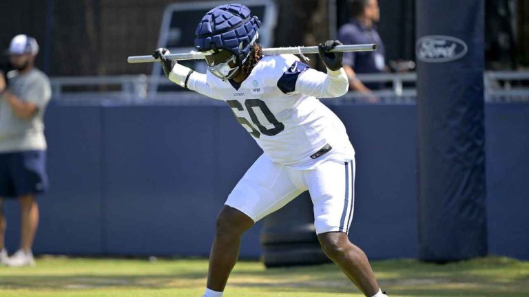 Dallas Cowboys offensive tackle Tyler Guyton participates in drills during NFL football training camp. (Jayne Kamin-Oncea/AP)

