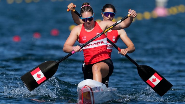 Canada's Sloan MacKenzie and Katie Vincent compete in the women's canoe double 500-meter semifinals at the 2024 Summer Olympics, Friday, Aug. 9, 2024, in Vaires-sur-Marne, France. (Lindsey Wasson/AP Photo)