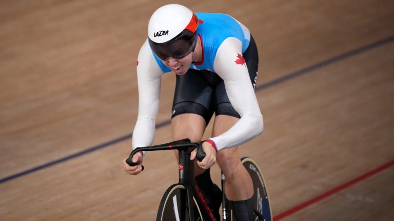 Nick Wammes of Team Canada competes during the track cycling men's sprint at the 2020 Summer Olympics, Wednesday, Aug. 4, 2021, in Izu, Japan. (Christophe Ena/AP Photo)