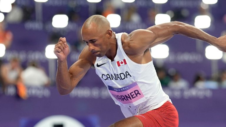 Damian Warner, of Canada, starts in the decathlon 400 meters at the 2024 Summer Olympics, Friday, Aug. 2, 2024, in Saint-Denis, France. (Matthias Schrader/AP)