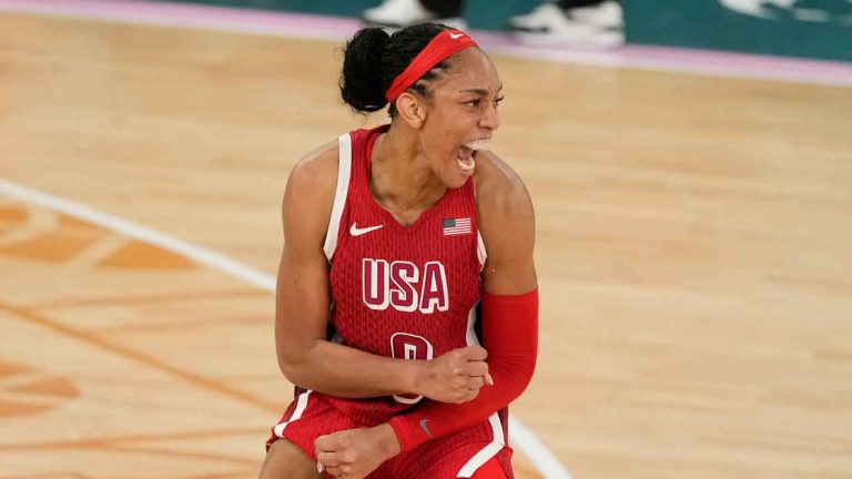 United States' A'ja Wilson (9) reacts during a women's gold medal basketball game at Bercy Arena at the 2024 Summer Olympics. (Michael Conroy/AP)