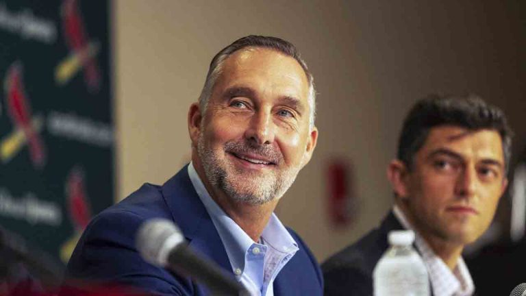 St. Louis Cardinals President of baseball operations John Mozeliak, left, fields questions from reporters as Chaim Bloom looks on during a press conference Monday, Sept. 30, 2024, at Busch Stadium in St. Louis. (Zachary Linhares/St. Louis Post-Dispatch via AP)