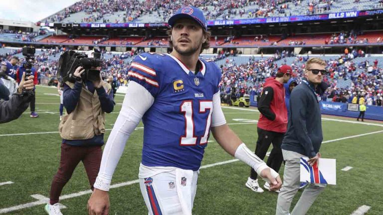 Buffalo Bills quarterback Josh Allen walks off the field after an NFL football game against the Arizona Cardinals Sunday, Sept. 8, 2024, in Orchard Park, N.Y. The Bills won 34-28. (Jeffrey T. Barnes/AP)