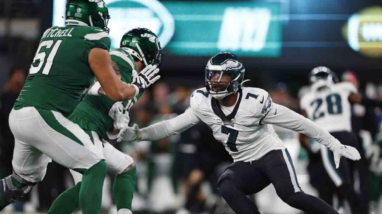 Philadelphia Eagles linebacker Haason Reddick (7) in action against New York Jets tight end Tyler Conklin (83) and offensive tackle Max Mitchell (61) during an NFL football game, Oct. 15, 2023, in East Rutherford NJ. (Rich Schultz/AP)