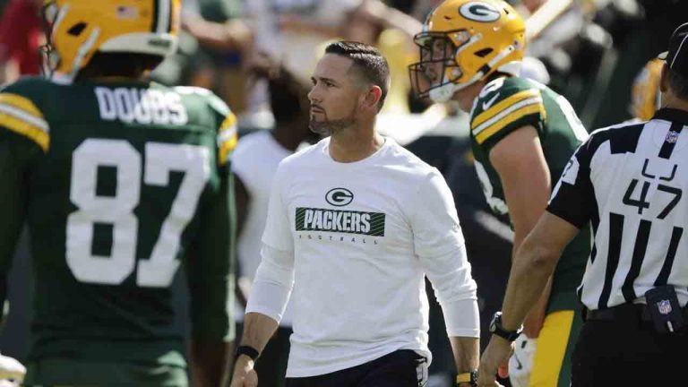 Green Bay Packers head coach Matt LaFleur watches as his team warms up ahead of an NFL football game against the Indianapolis Colts Sunday, Sept. 15, 2024, in Green Bay, Wis. (Mike Roemer/AP)