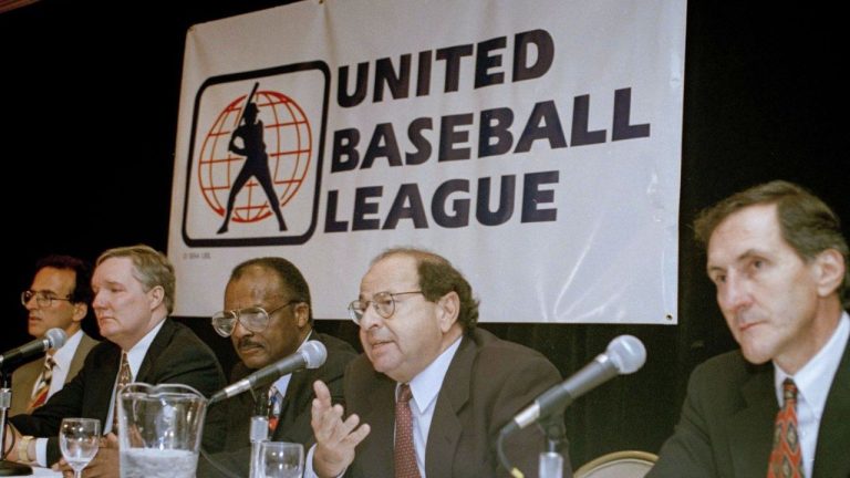Agent Dick Moss, second from right, Donald Fehr's predecessor as general counsel of the Major League Players Association, answers a question at a New York news conference, Nov. 1, 1994, announcing the formation of the United Baseball League. (Marty Lederhandler/AP Photo)