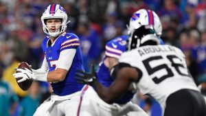 Buffalo Bills quarterback Josh Allen (17) prepares to throw a pass during the first half of an NFL football game against the Jacksonville Jaguars, Monday, Sept. 23, 2024, in Orchard Park, NY. (AP Photo/Adrian Kraus)